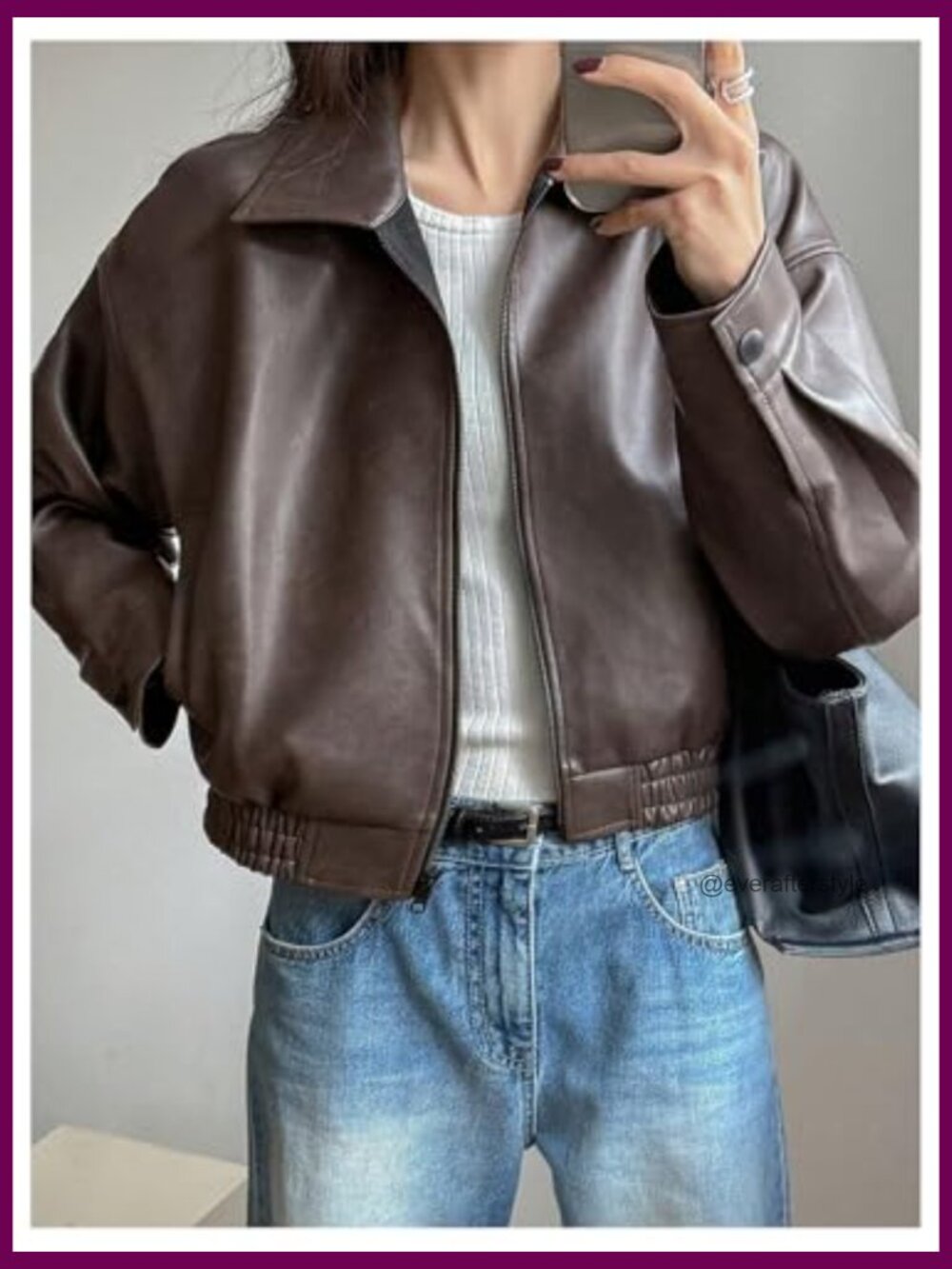 Faux Leather Zip Up Jacket Vintage Collared Long Sleeve Motorcycle - Picture 4 of 5